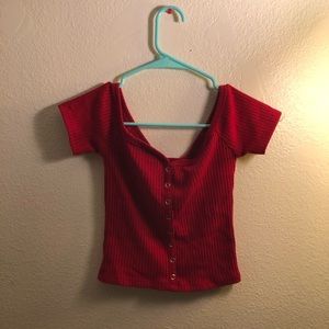 off the shoulder red crop too button down